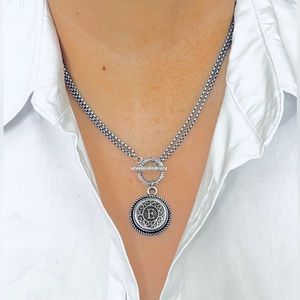 Letter E Necklace, Initial Necklace, Stainless Steel Toggle Necklace 17 inch